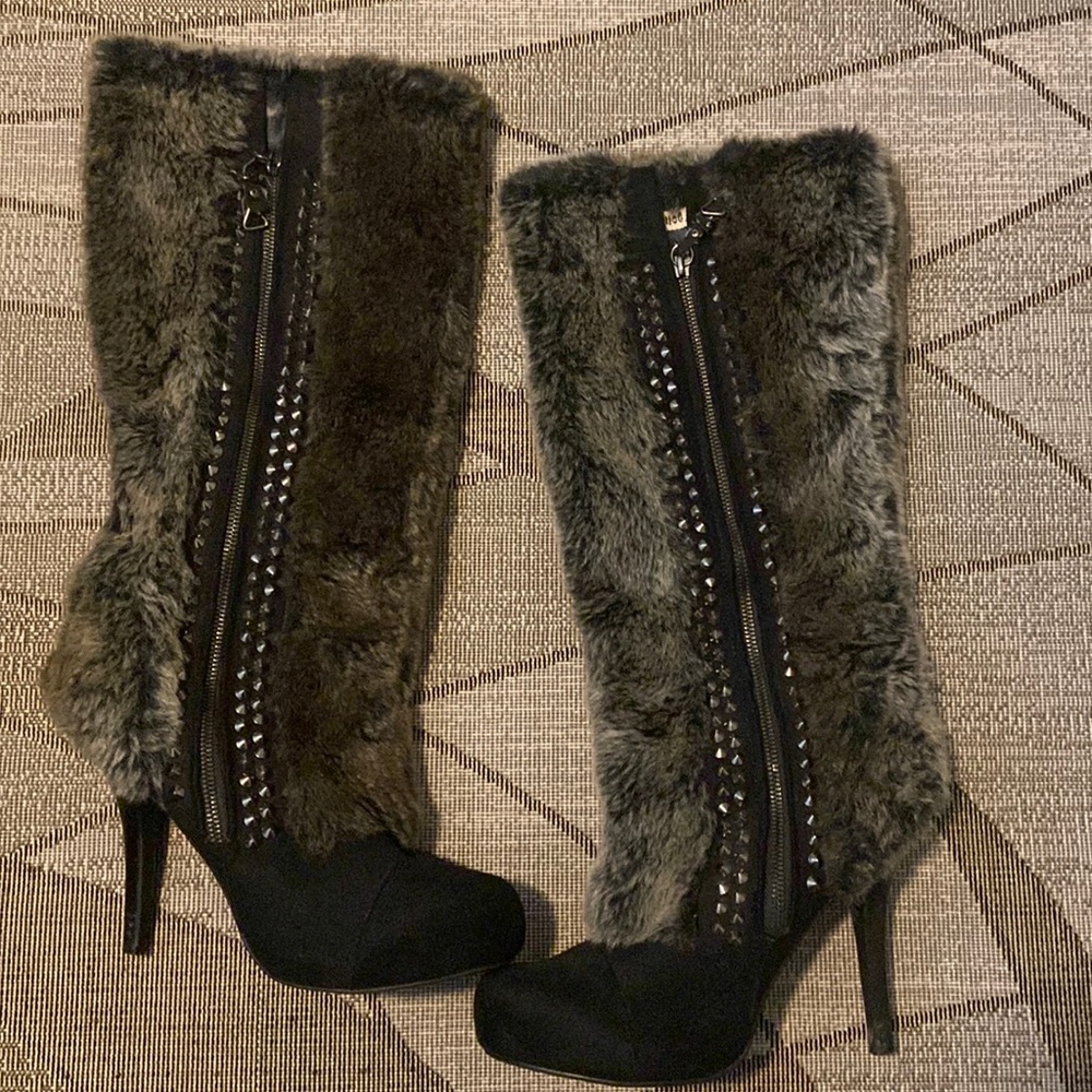 Black studded faux fur heeled boots